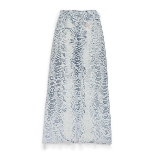 BLUE DENIM SHREDDED LONG MAXI SKIRT
