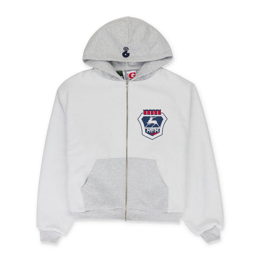 GREEDY UNIT x MURD333R.FM GREY DOUBLE LAYERED HOODIE