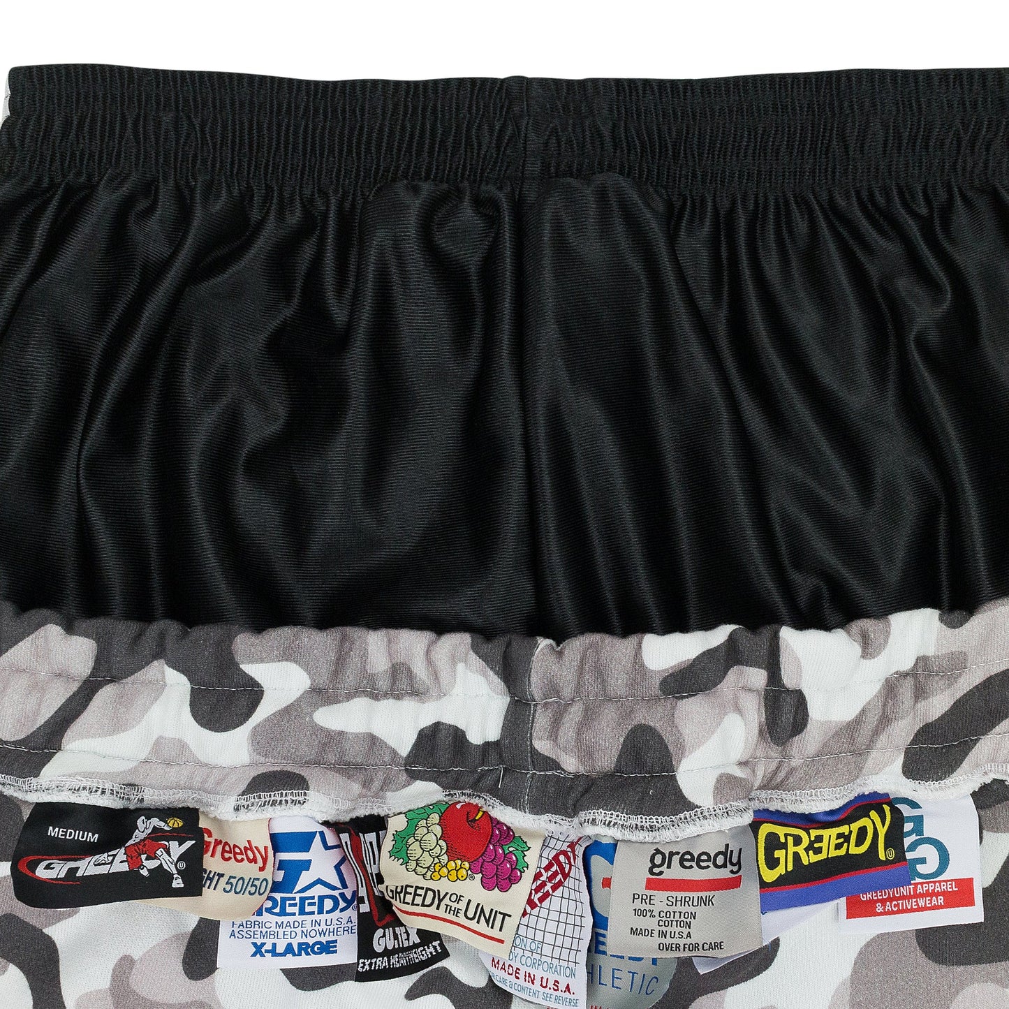 GREEDY UNIT x MURD333R.FM WHITE CAMO SWEATSHORTS