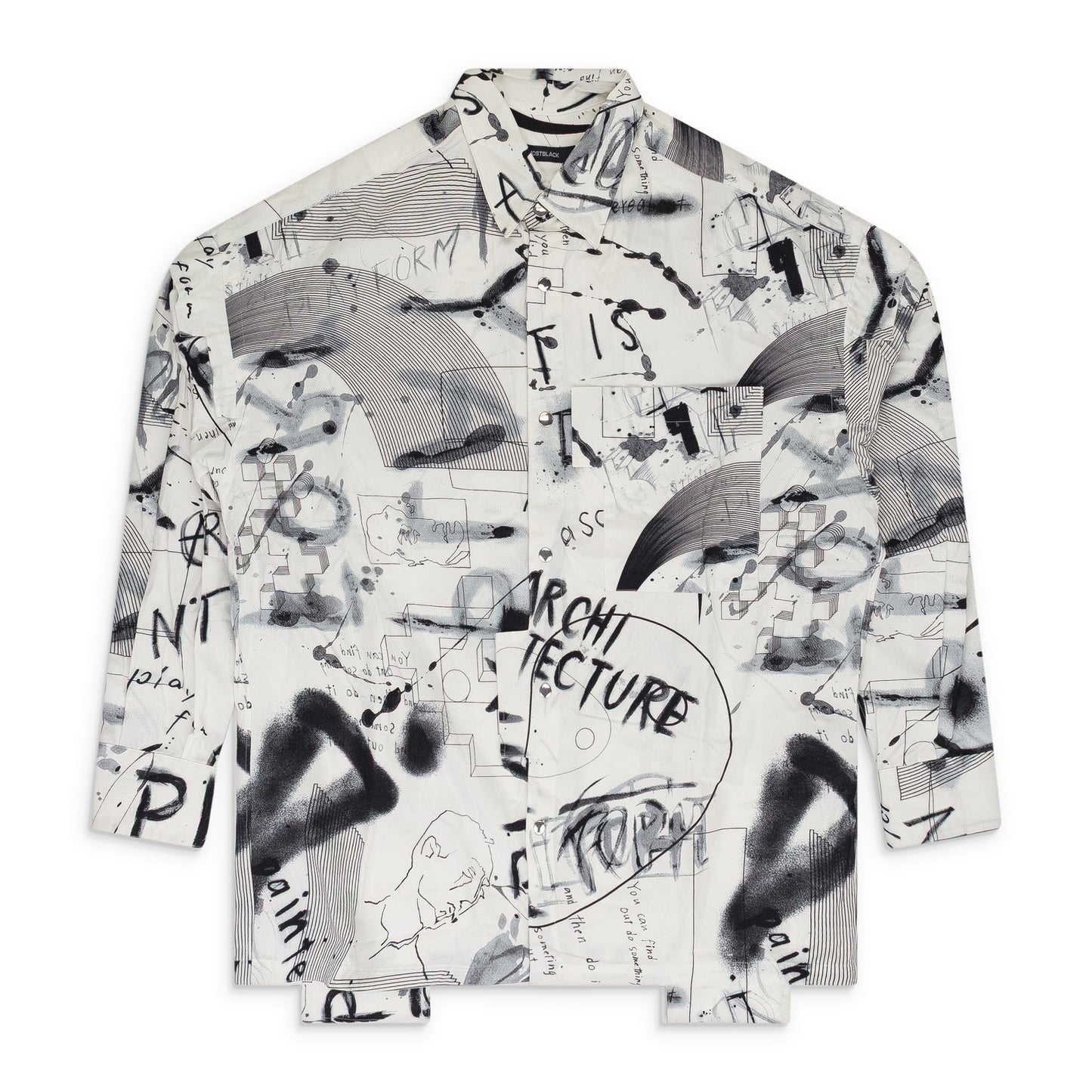 BLACK/WHITE PRINT DRAWING BUTTON-DOWN SHIRT