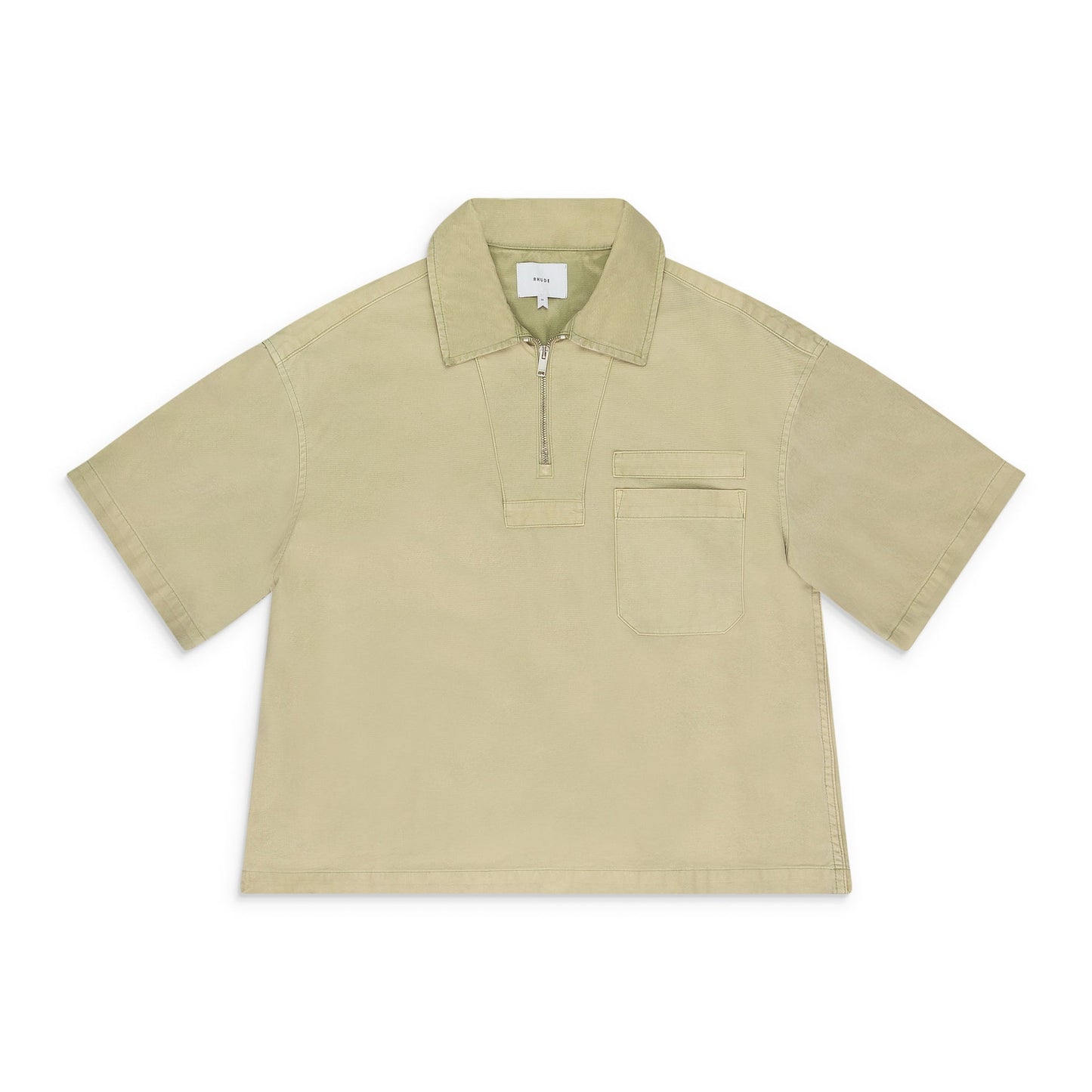 KHAKI BOXY HALF-ZIP SPRAY BUTTON-DOWN SHIRT
