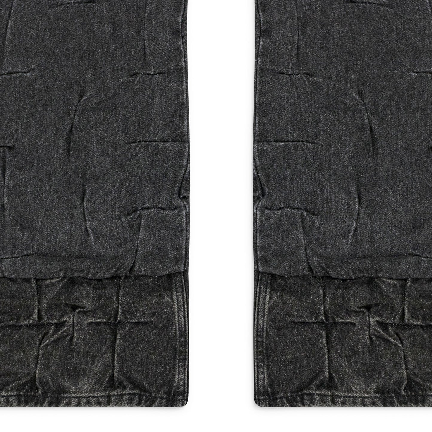 BLACK GATHERED STRAIGHT-FIT JEANS