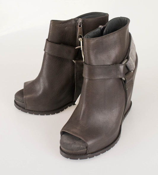 Brown Leather Wedge Booties