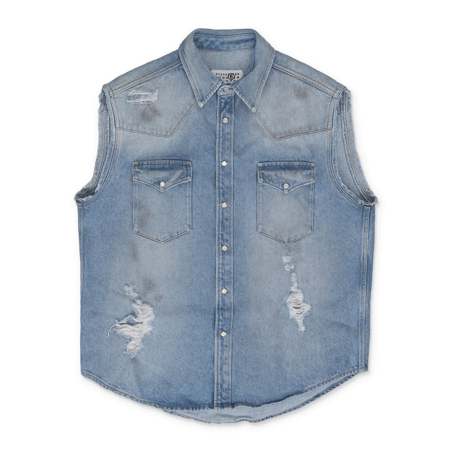 Blue Sleeveless Distressed Denim Shirt