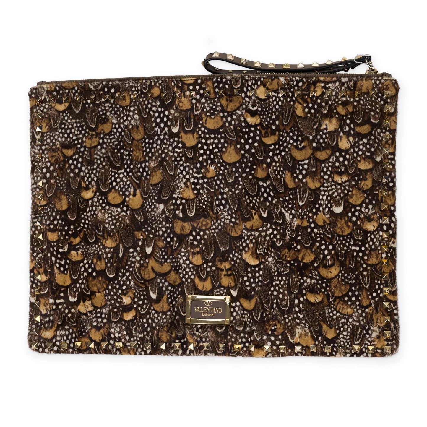 Brown Feather Rockstud Zip Pouch