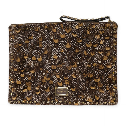 Brown Feather Rockstud Zip Pouch