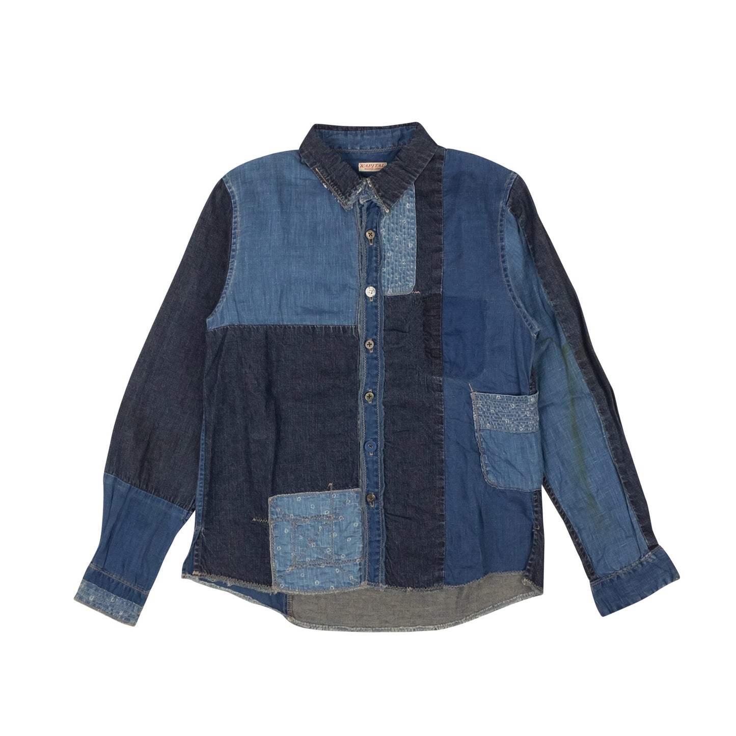 Blue Patchwork Linen and Cotton Chambray Shirt
