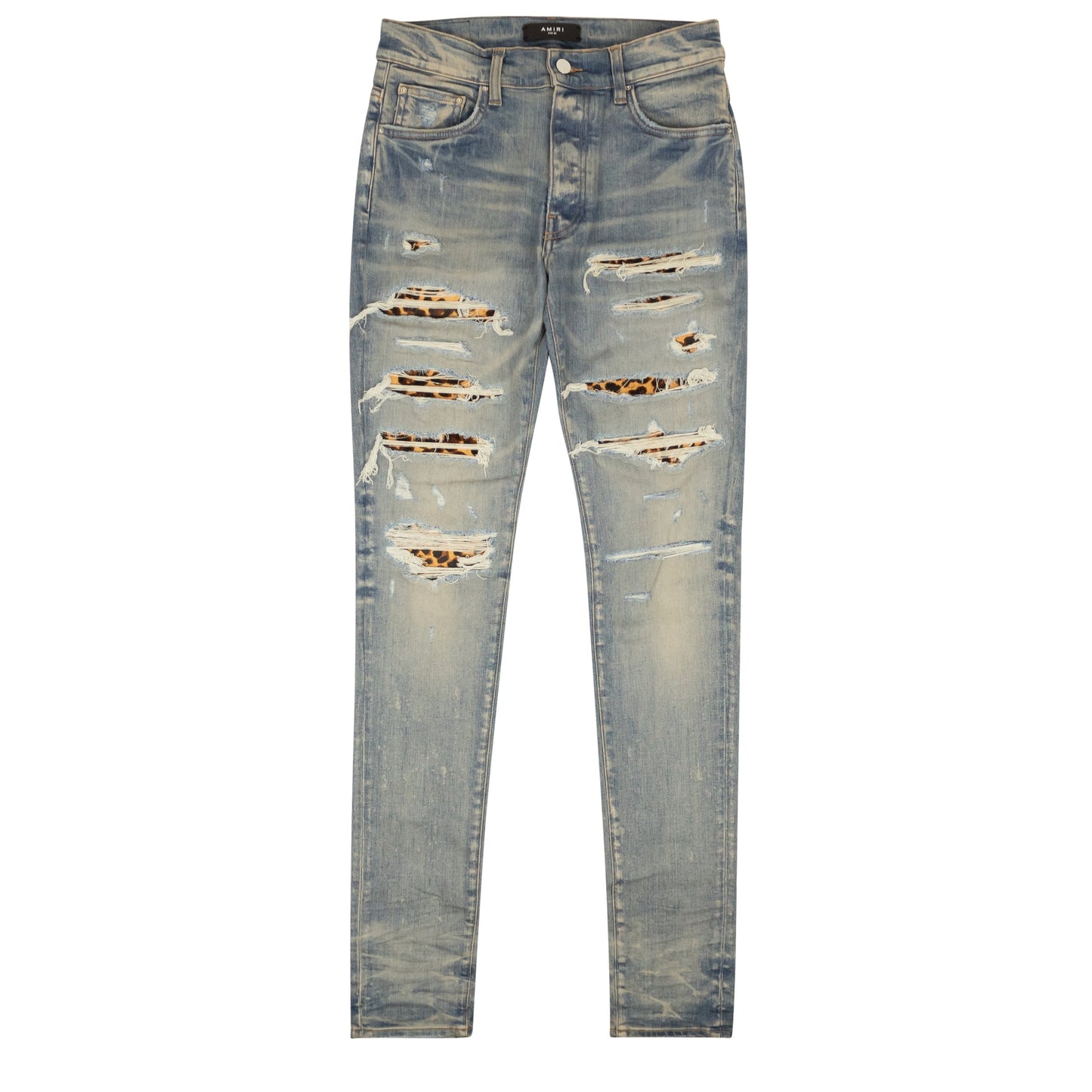 Amiri Leopard Distressed Thrasher Jeans - Clay/Indigo