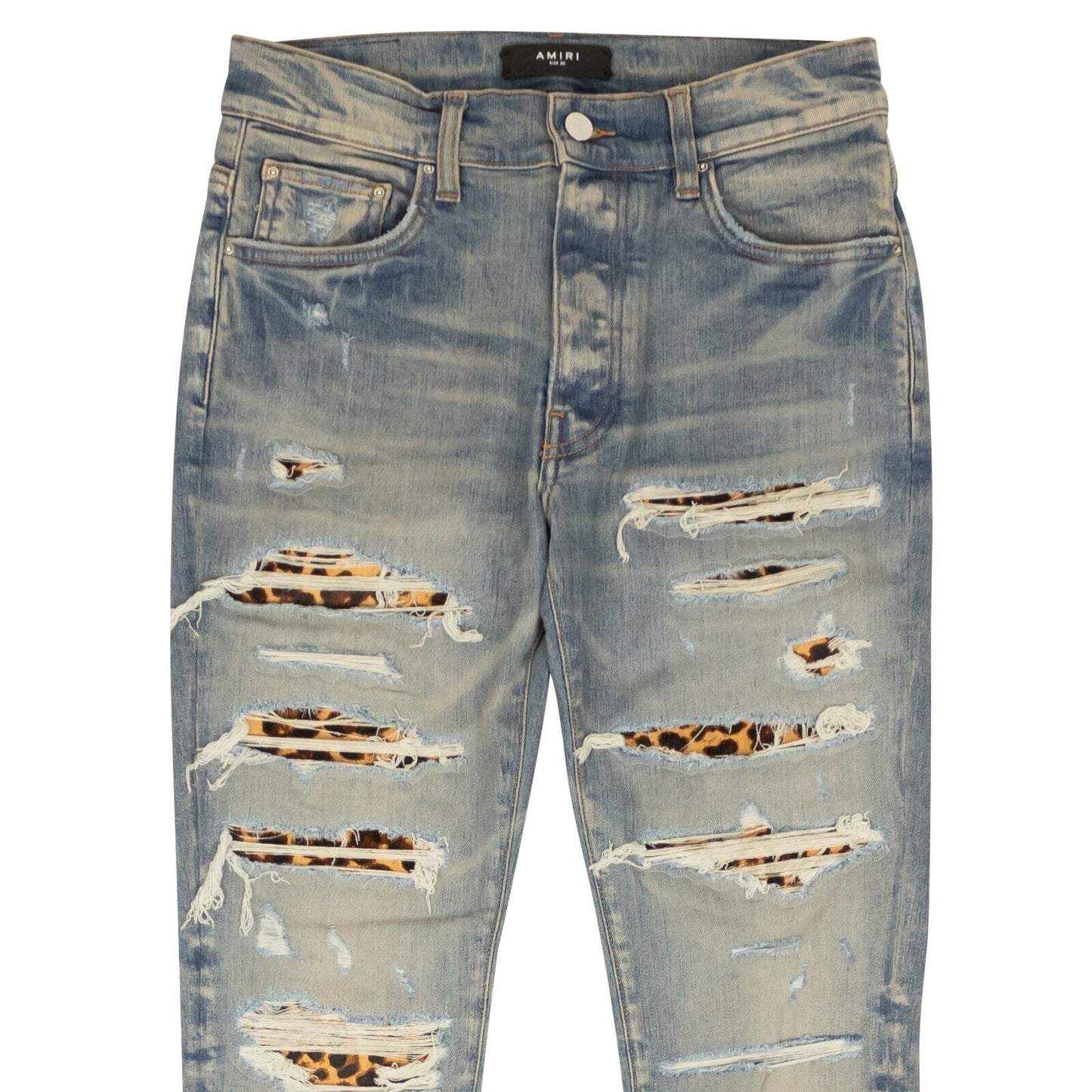 Amiri Leopard Distressed Thrasher Jeans - Clay/Indigo
