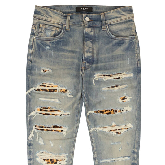 Amiri Leopard Distressed Thrasher Jeans - Clay/Indigo