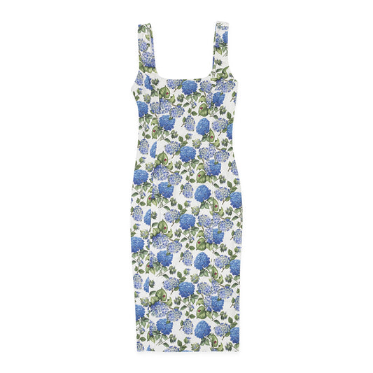 FLORAL U-NECK PENCIL BLUE SUN DRESS