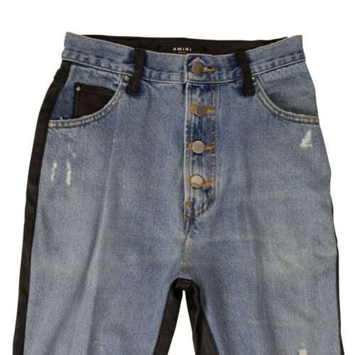 Amiri Denim Leather Jeans- Blue/Black