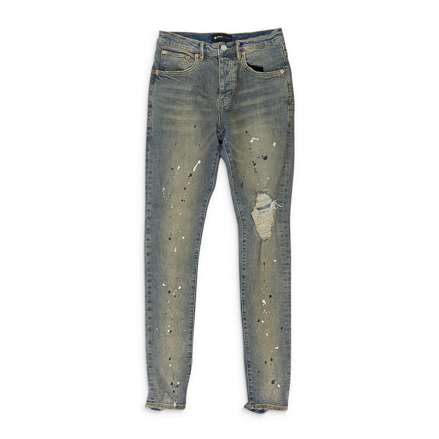 MID INDIGO TAPERED LEG DESTROY PAINT SKINNY JEANS