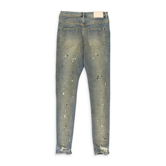 MID INDIGO TAPERED LEG DESTROY PAINT SKINNY JEANS