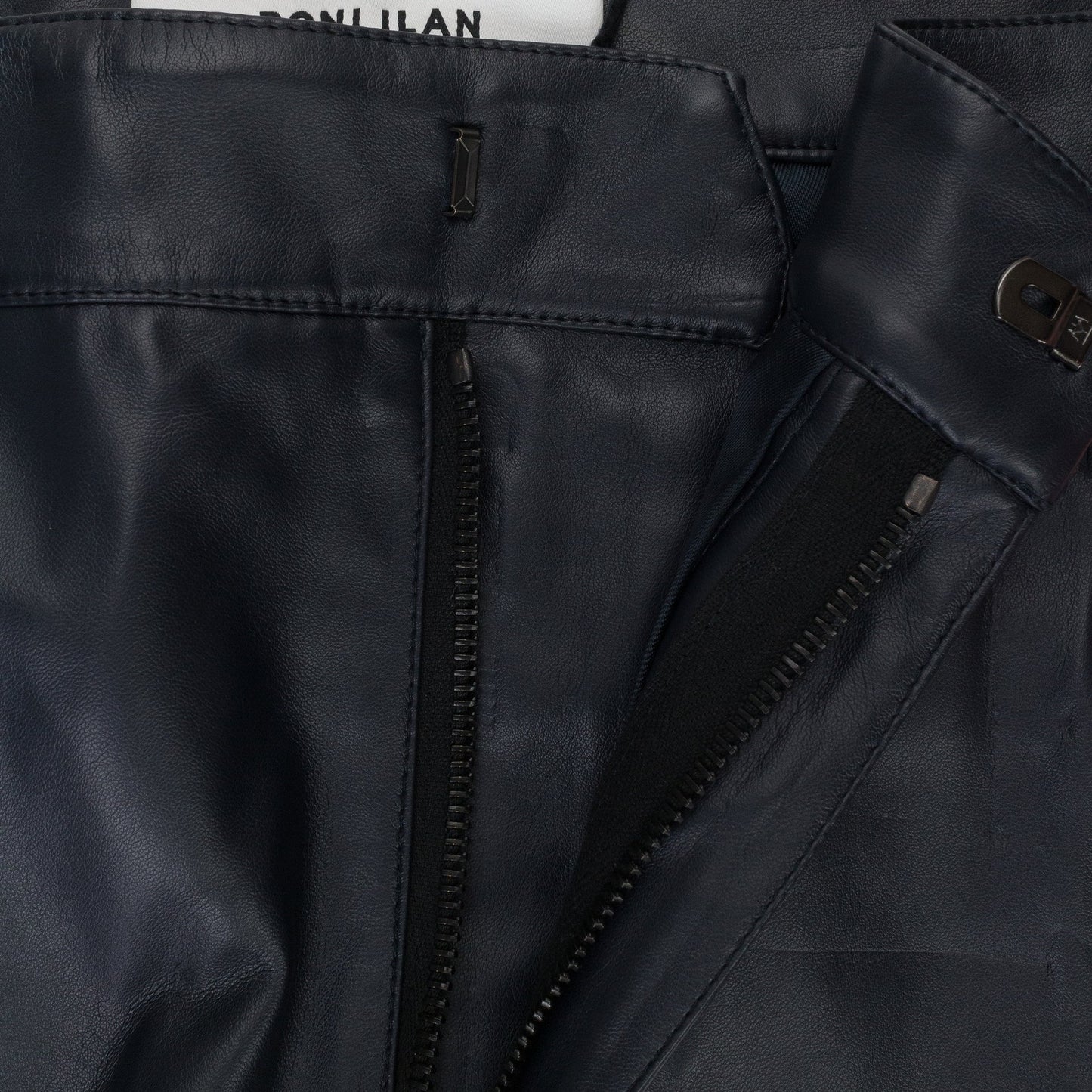 FAUX LEATHER PANEL NAVY TROUSER