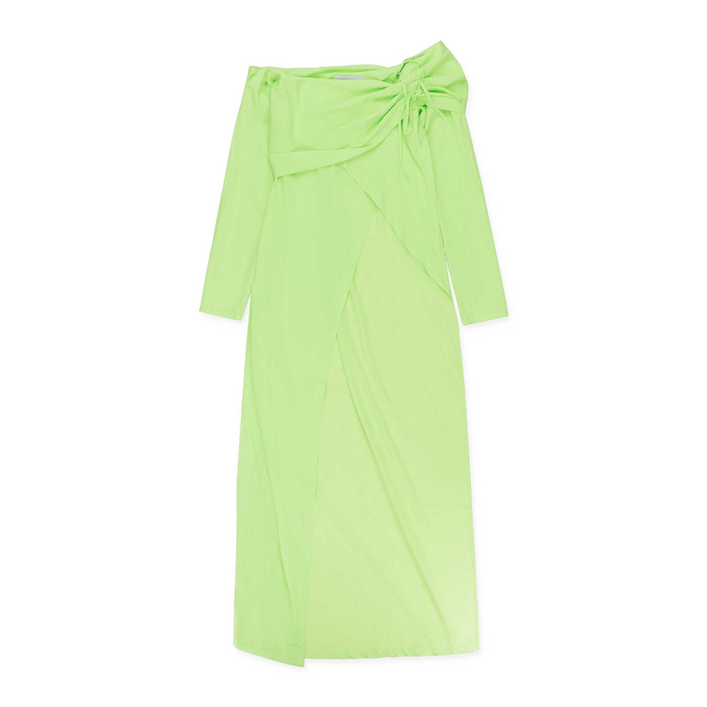 OFF THE SHOULDER W ONE STRAP LIME GREEN MAXI DRESS