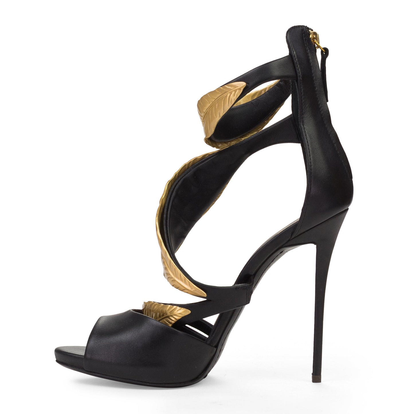 BLACK/GOLD LEAF STRAPS HEELS