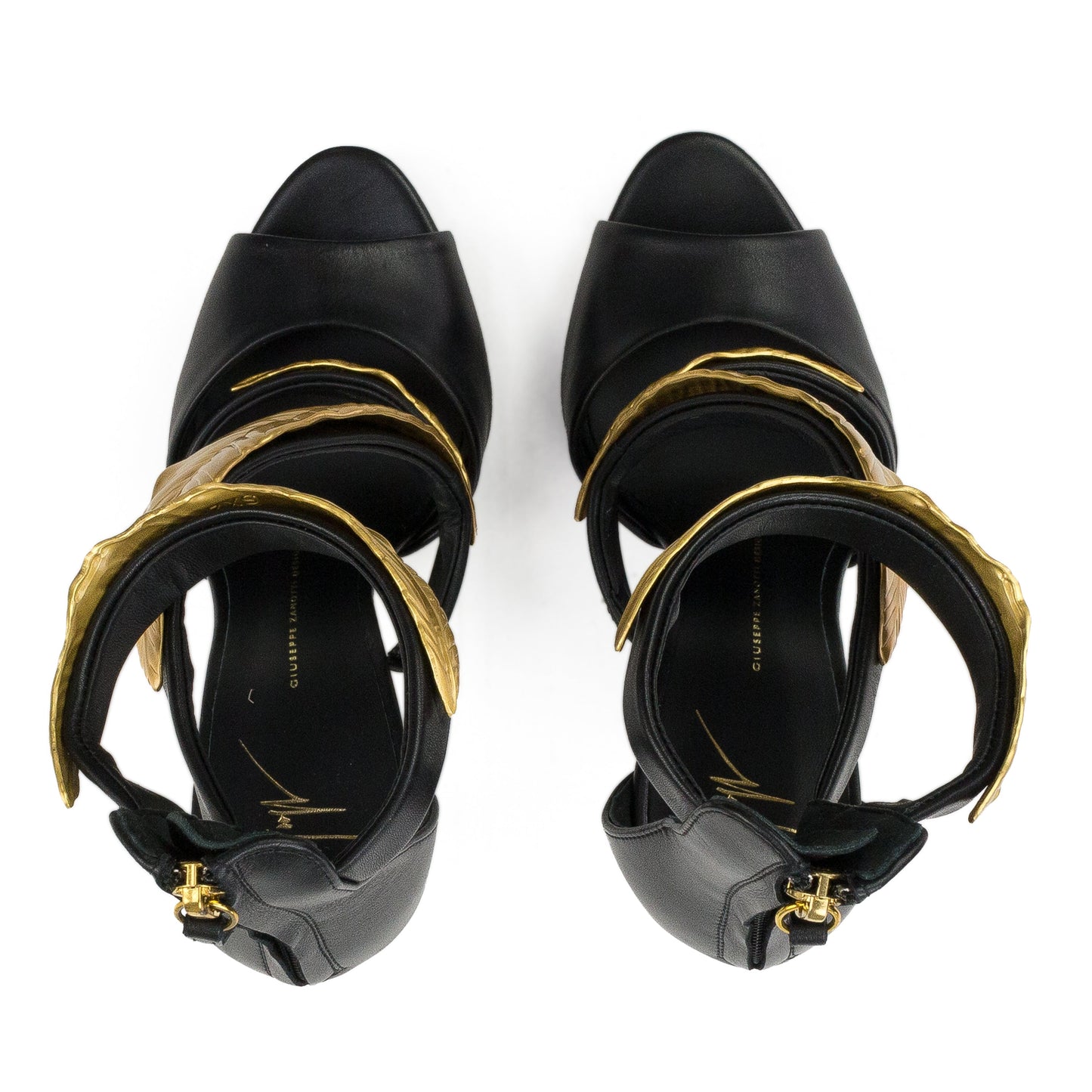 BLACK/GOLD LEAF STRAPS HEELS