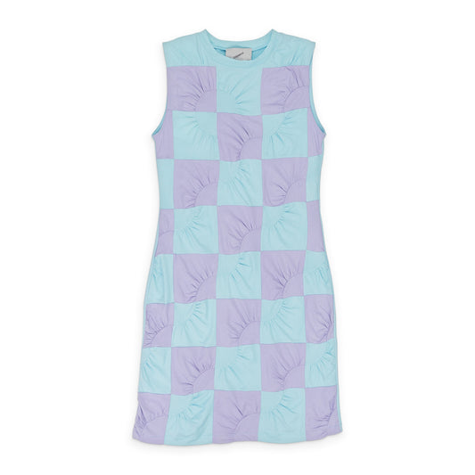 AQUAMARINE/LILAC AQULIL PATCHWORK EMBROIDERED JERSEY DAY DRESS