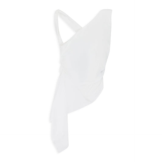 WHITE ASYMMETRICAL DRAPED BLOUSE