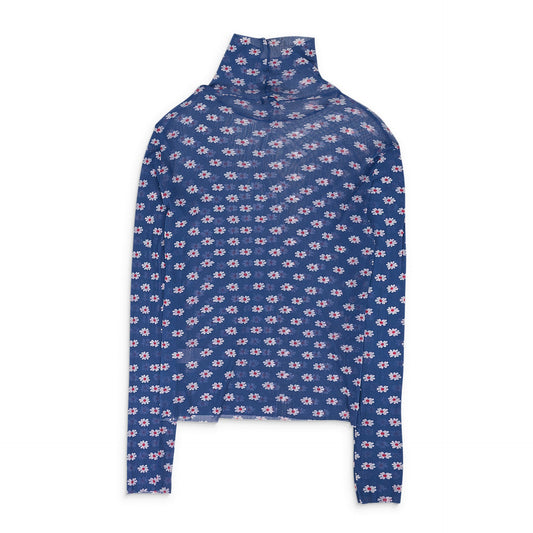 BLUE FLOWER PRINTED MESH TURTLENECK SWEATER