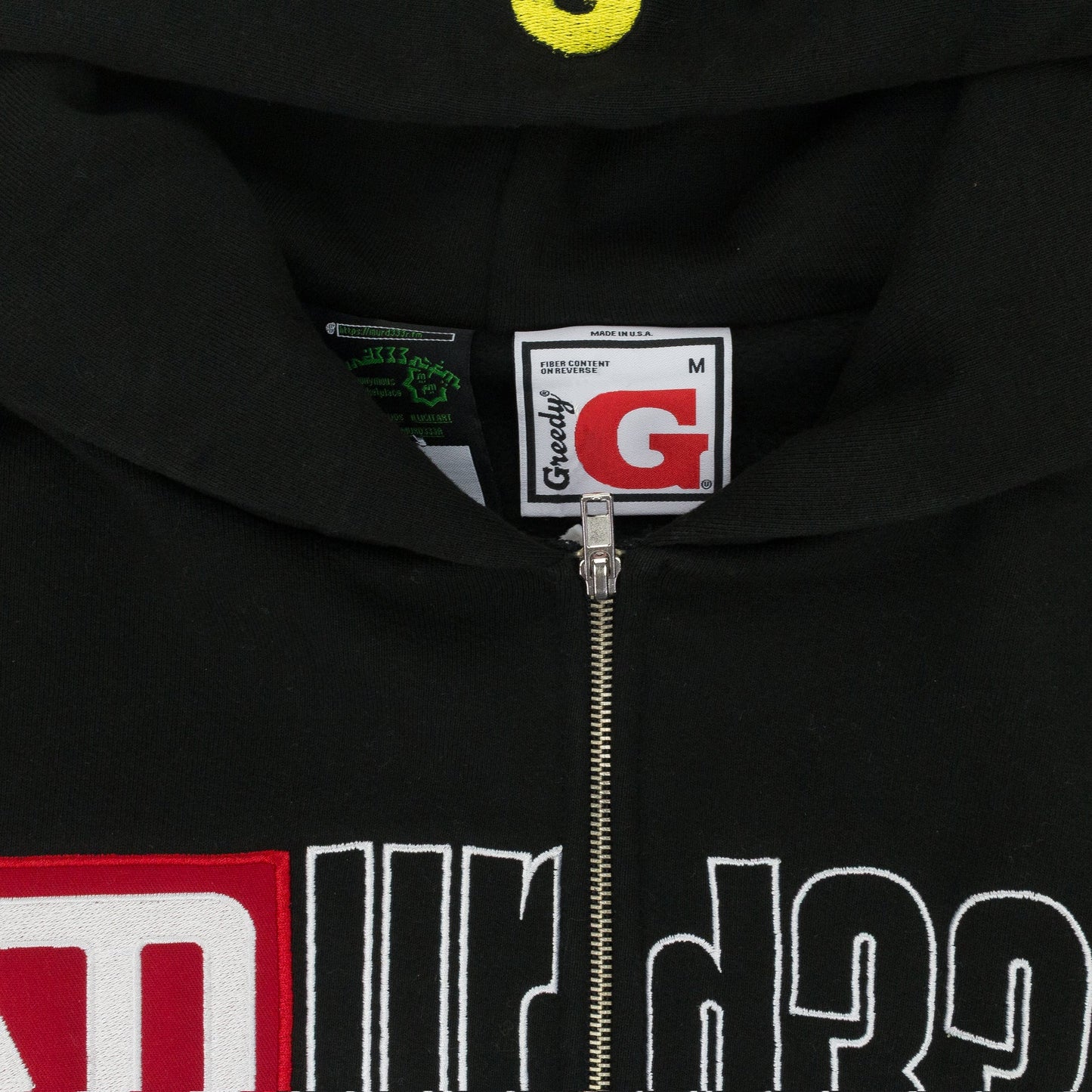 GREEDY UNIT x MURD333R.FM BLACK DOUBLE LAYERED HOODIE