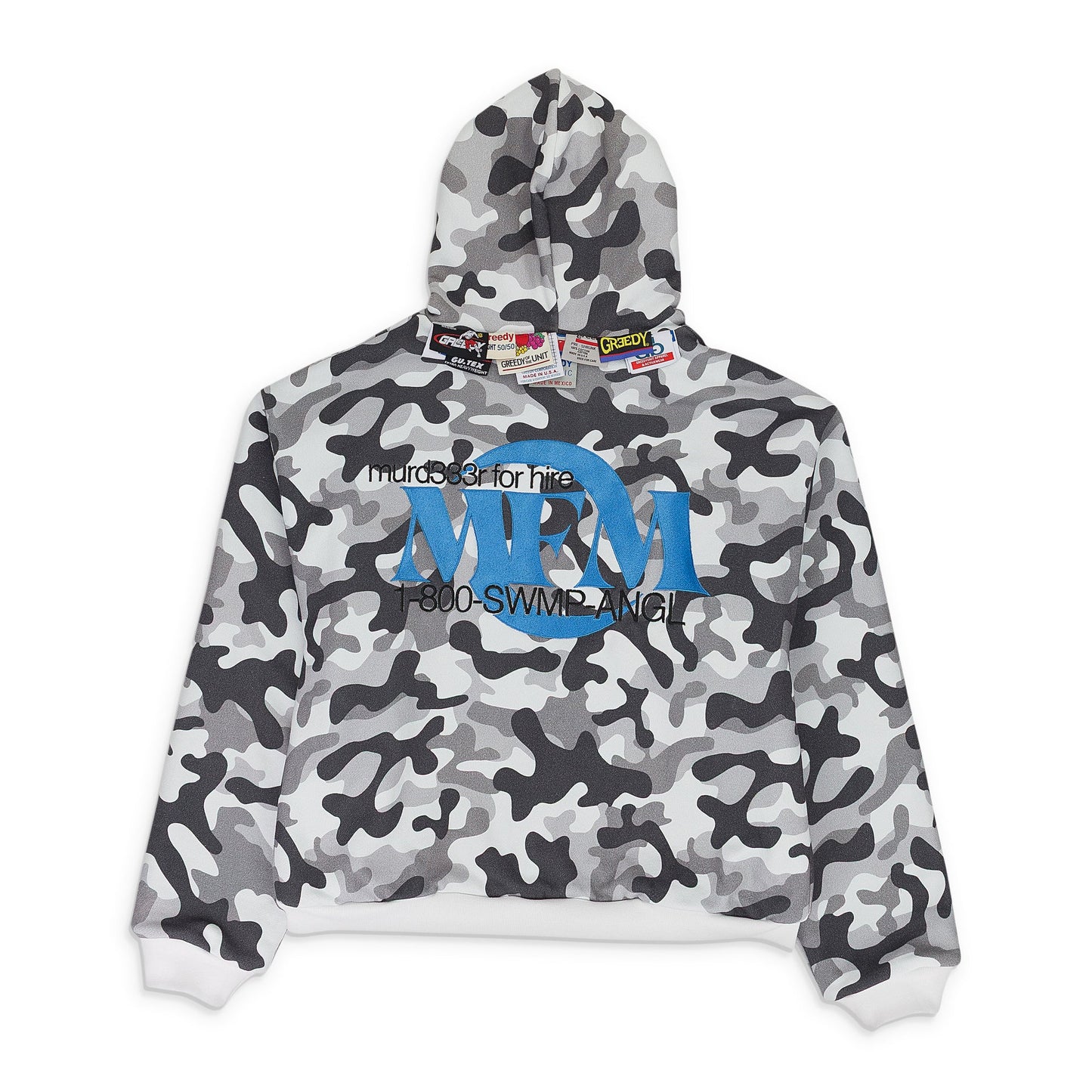 GREEDY UNIT x MURD333R.FM WHITE CAMO DOUBLE LAYERED HOODIE