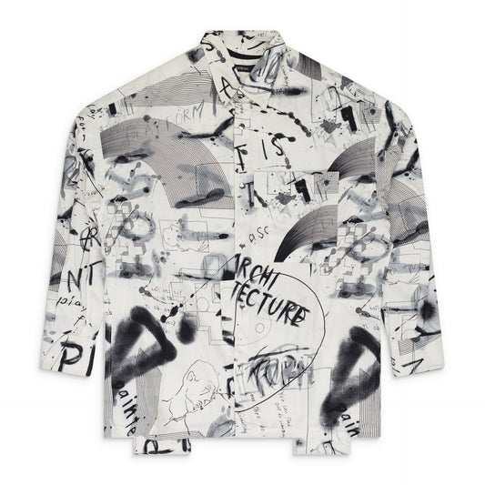 BLACK/WHITE PRINT DRAWING BUTTON-DOWN SHIRT