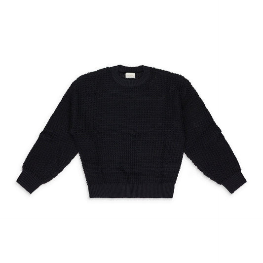 BLACK LOOSE KNIT WAFFLE CREWNECK SWEATER