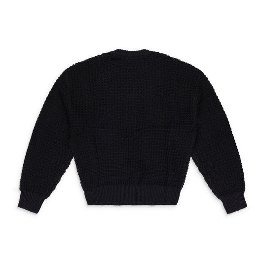 BLACK LOOSE KNIT WAFFLE CREWNECK SWEATER