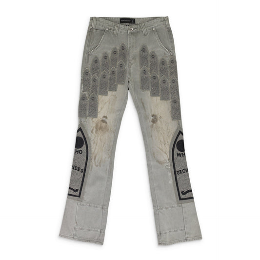 GRAY PATCHED ARCH STRAIGHT-FIT JEANS