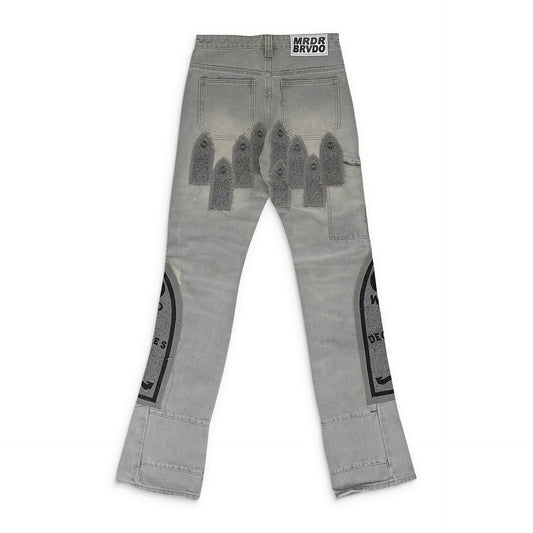 GRAY PATCHED ARCH STRAIGHT-FIT JEANS