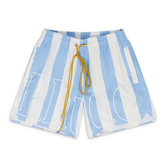 BLUE LOGO STRIPED SWIM TRUNKS