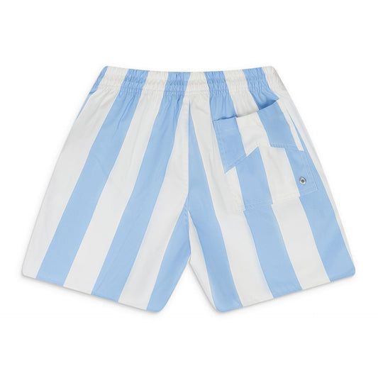 BLUE LOGO STRIPED SWIM TRUNKS