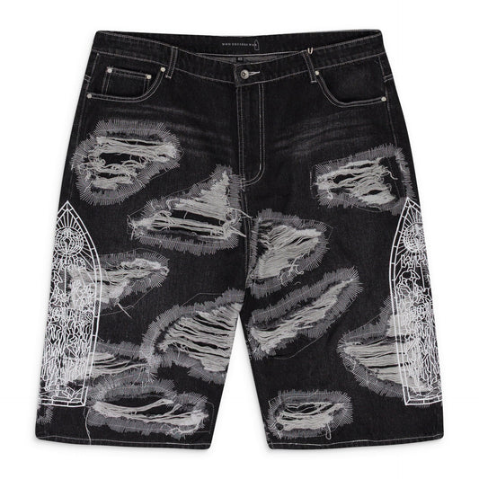 BLACK DARNING SIDE EMBROIDERY SHORTS