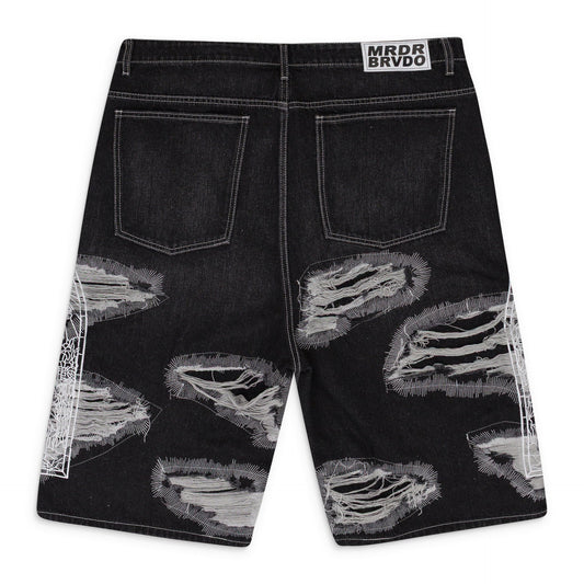 BLACK DARNING SIDE EMBROIDERY SHORTS