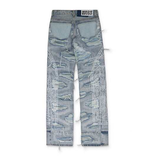 BLUE DISTRESSED STRAIGHT-FIT JEANS