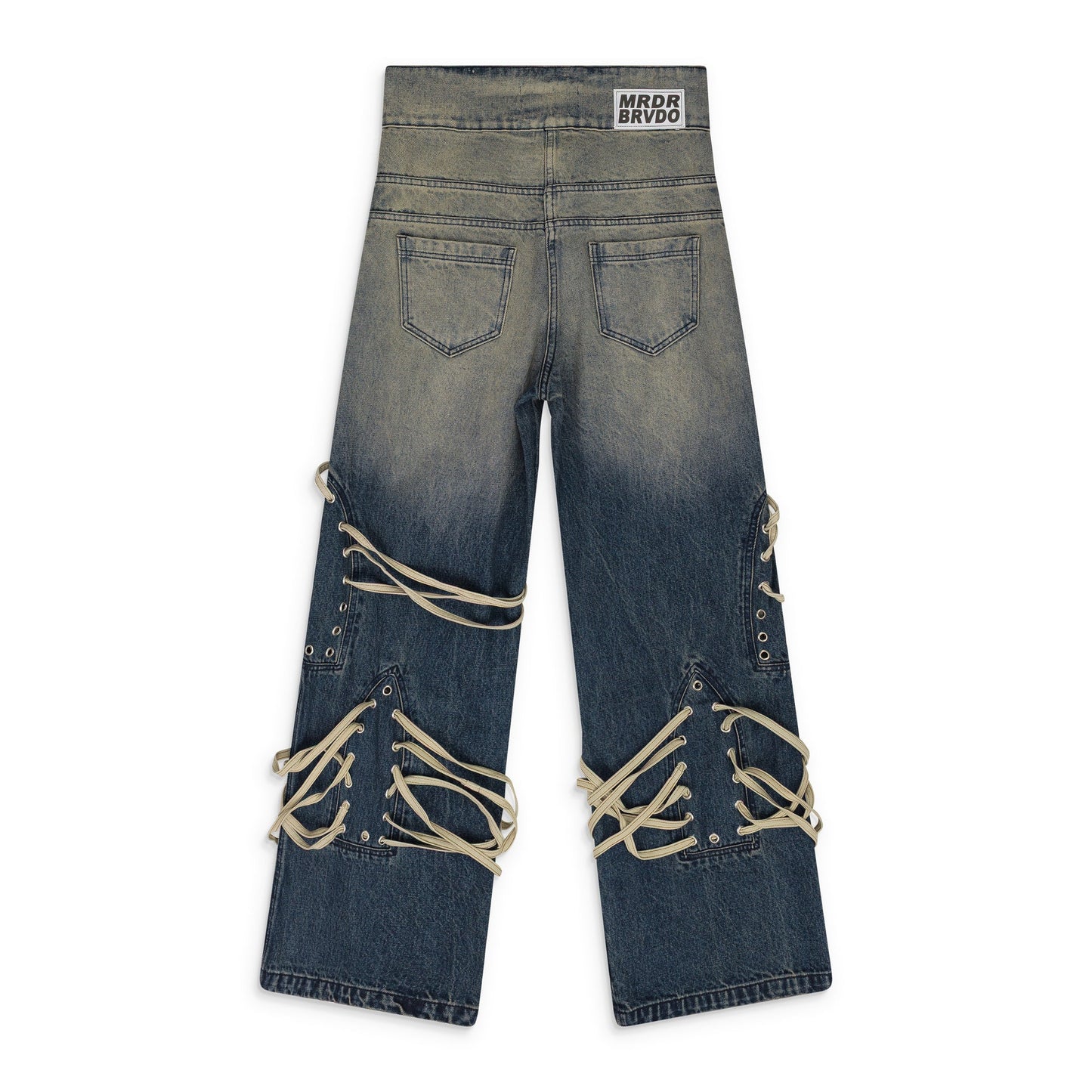 INDIGO LACED STAINED WIDE-LEG JEANS