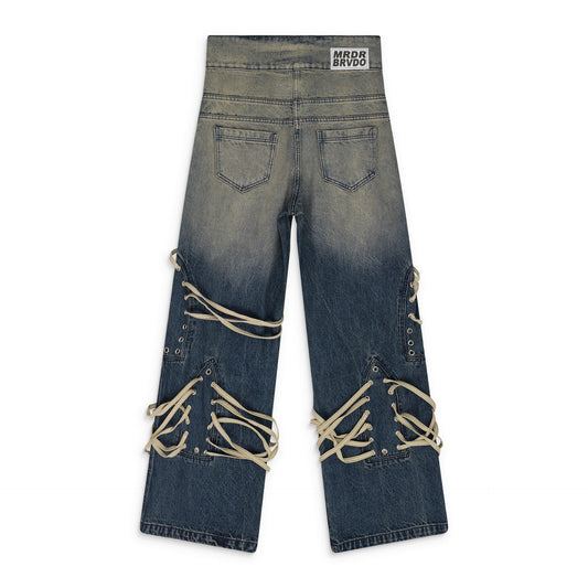 INDIGO LACED STAINED WIDE-LEG JEANS