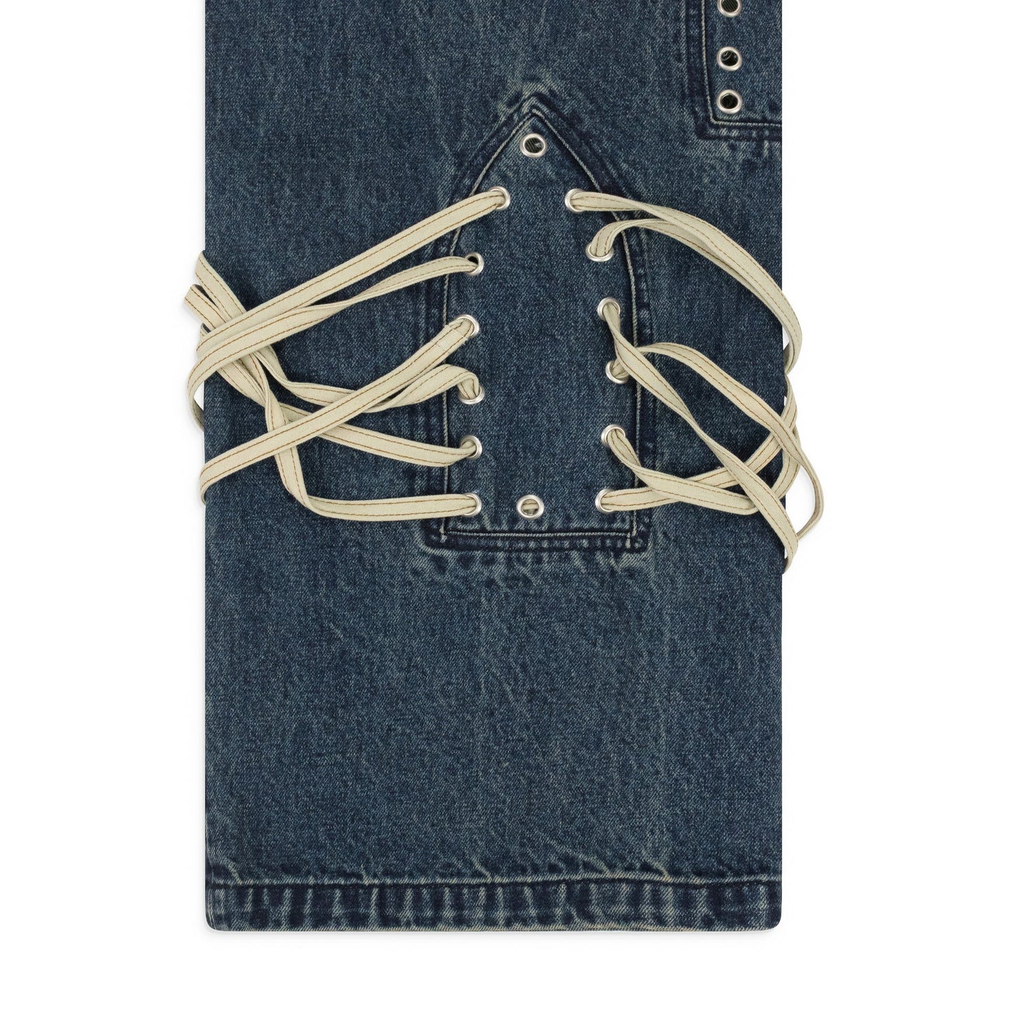 INDIGO LACED STAINED WIDE-LEG JEANS