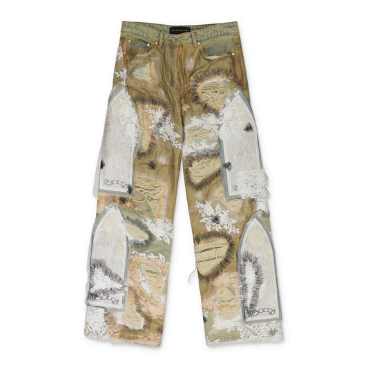 TAN OVERDYED LACE WIDE-LEG JEANS