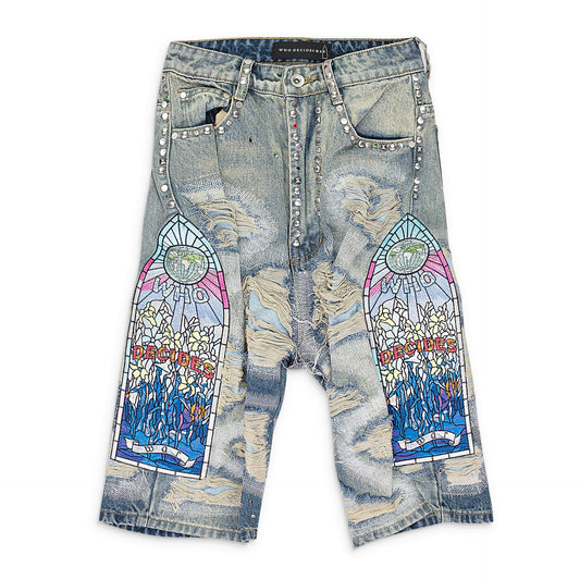 BLUE CHROME STUD EMBROIDERED SHORTS