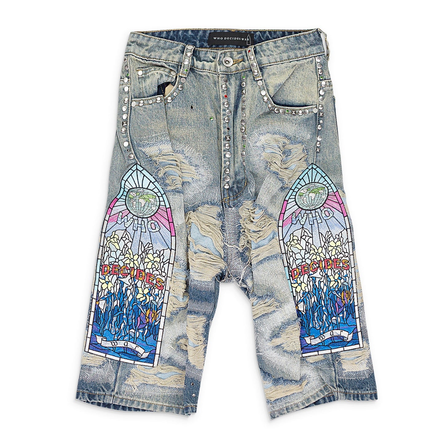 BLUE CHROME STUD EMBROIDERED SHORTS