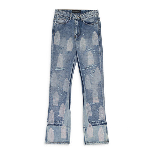 BLUE RHINESTONE WASHED BOOTCUT JEANS