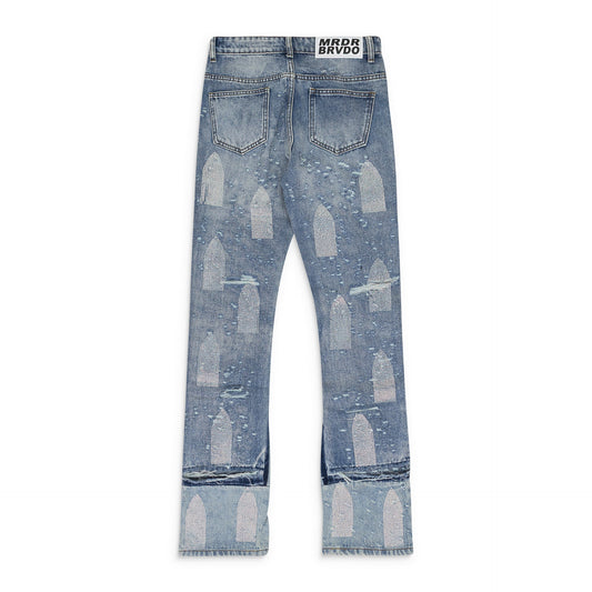 BLUE RHINESTONE WASHED BOOTCUT JEANS