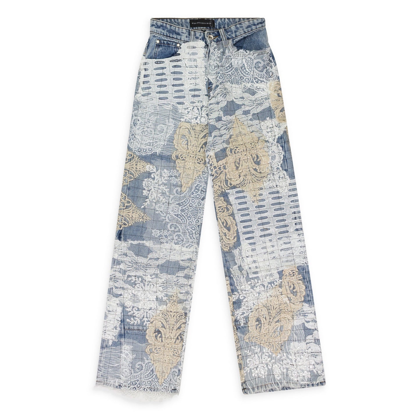 BLUE GRID LACE STRAIGHT-FIT JEANS