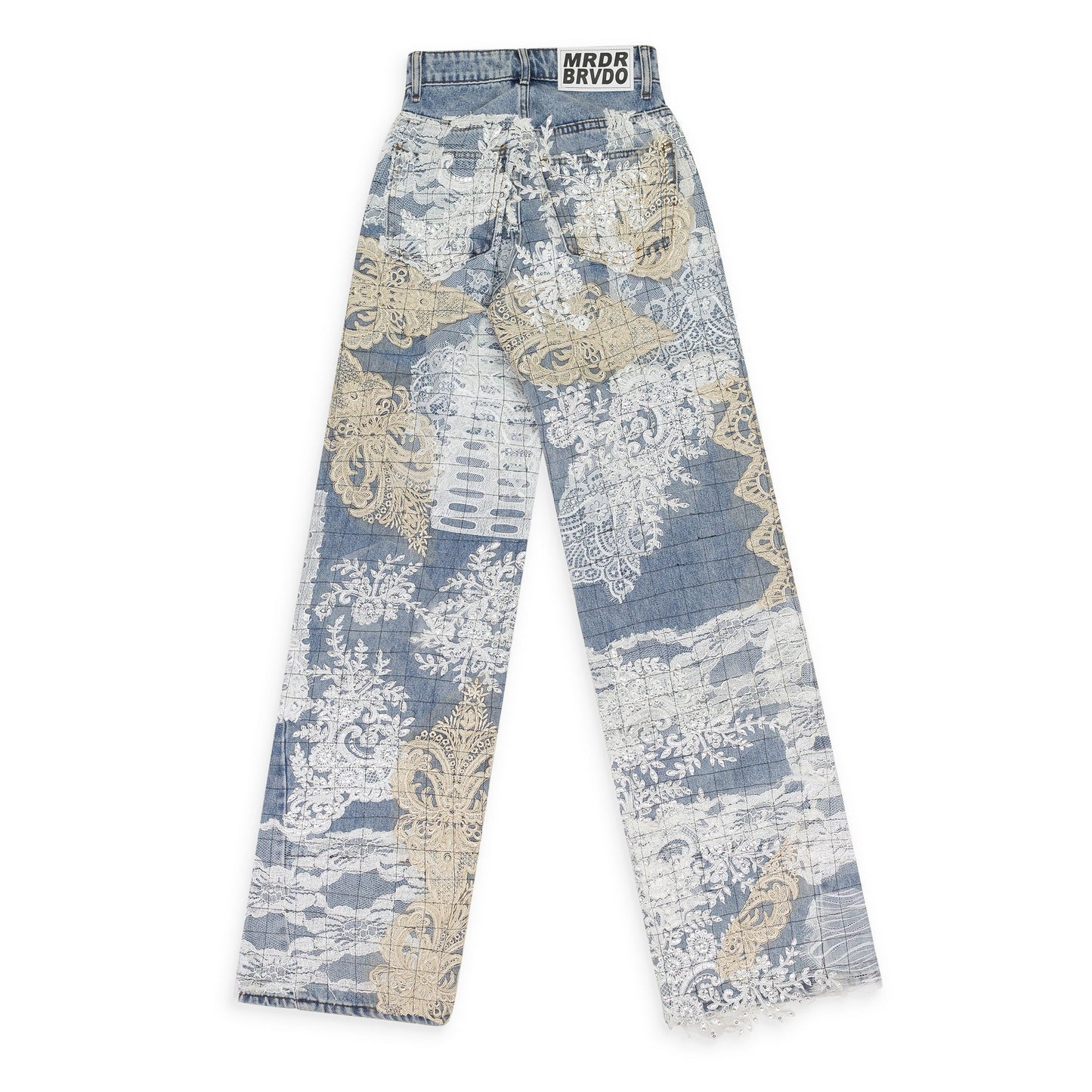 BLUE GRID LACE STRAIGHT-FIT JEANS