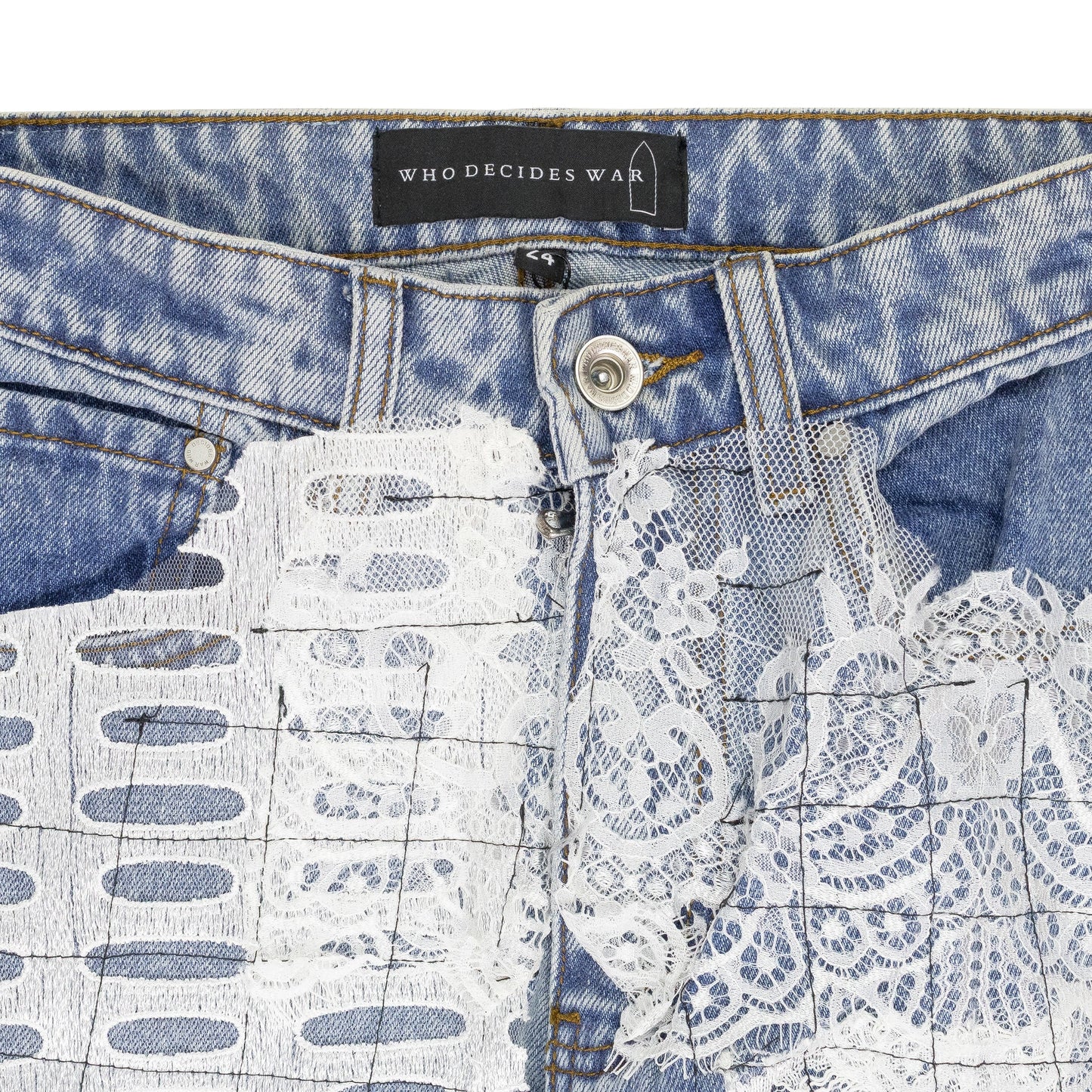 BLUE GRID LACE STRAIGHT-FIT JEANS
