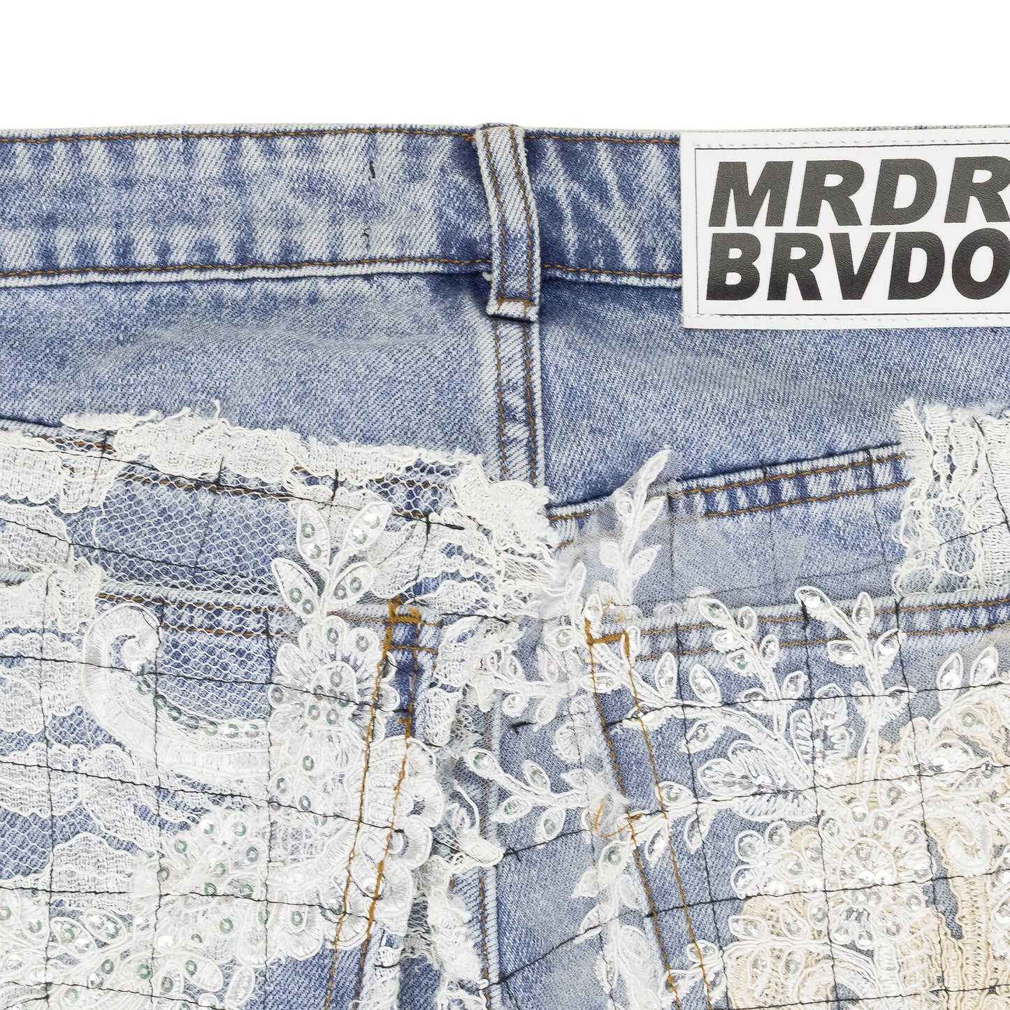 BLUE GRID LACE STRAIGHT-FIT JEANS