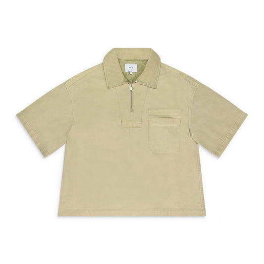 KHAKI BOXY HALF-ZIP SPRAY BUTTON-DOWN SHIRT